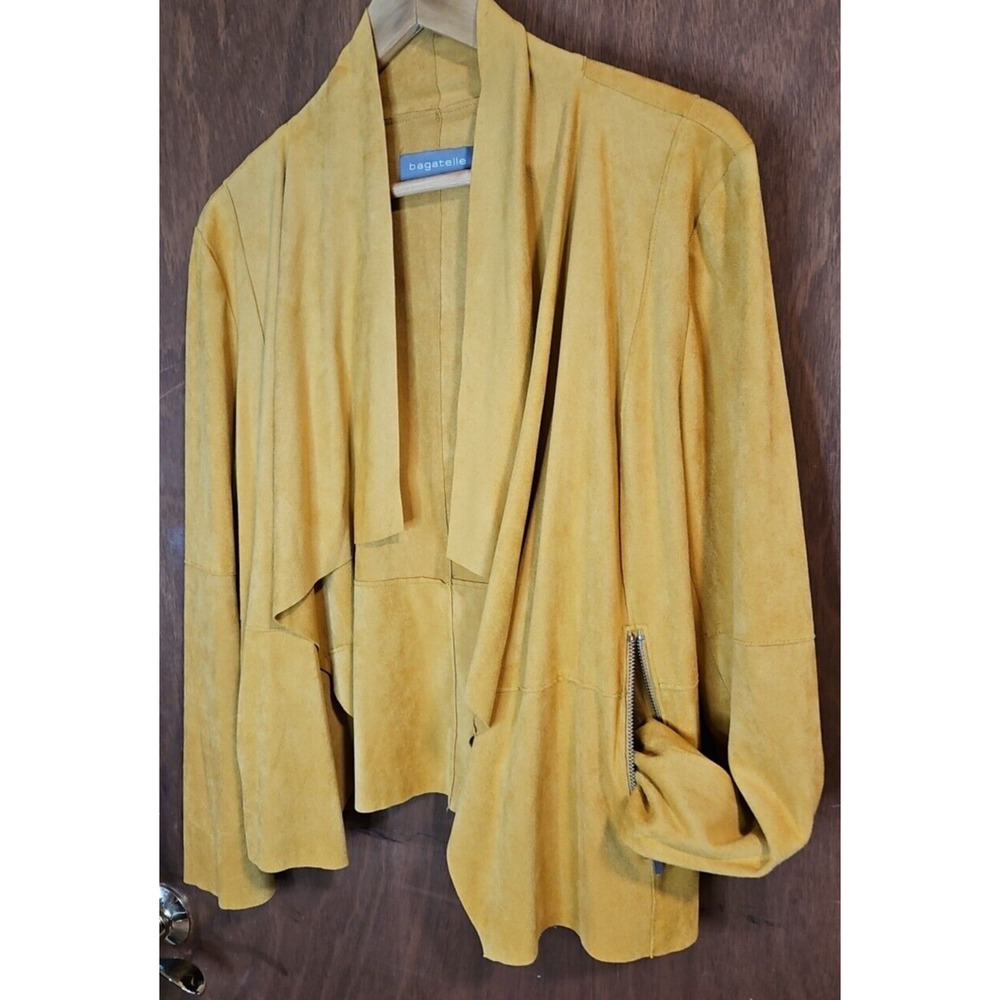 BAGATELLE Open Front Wrap Faux Suede MOTO Jacket Gold Yellow Mustard Sz W/LG EUC - Picture 3 of 16